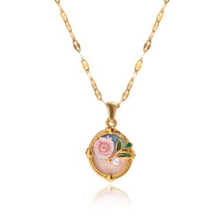 Vintage Acrylic Pearl Enamel Shell Rose Pendant Necklace